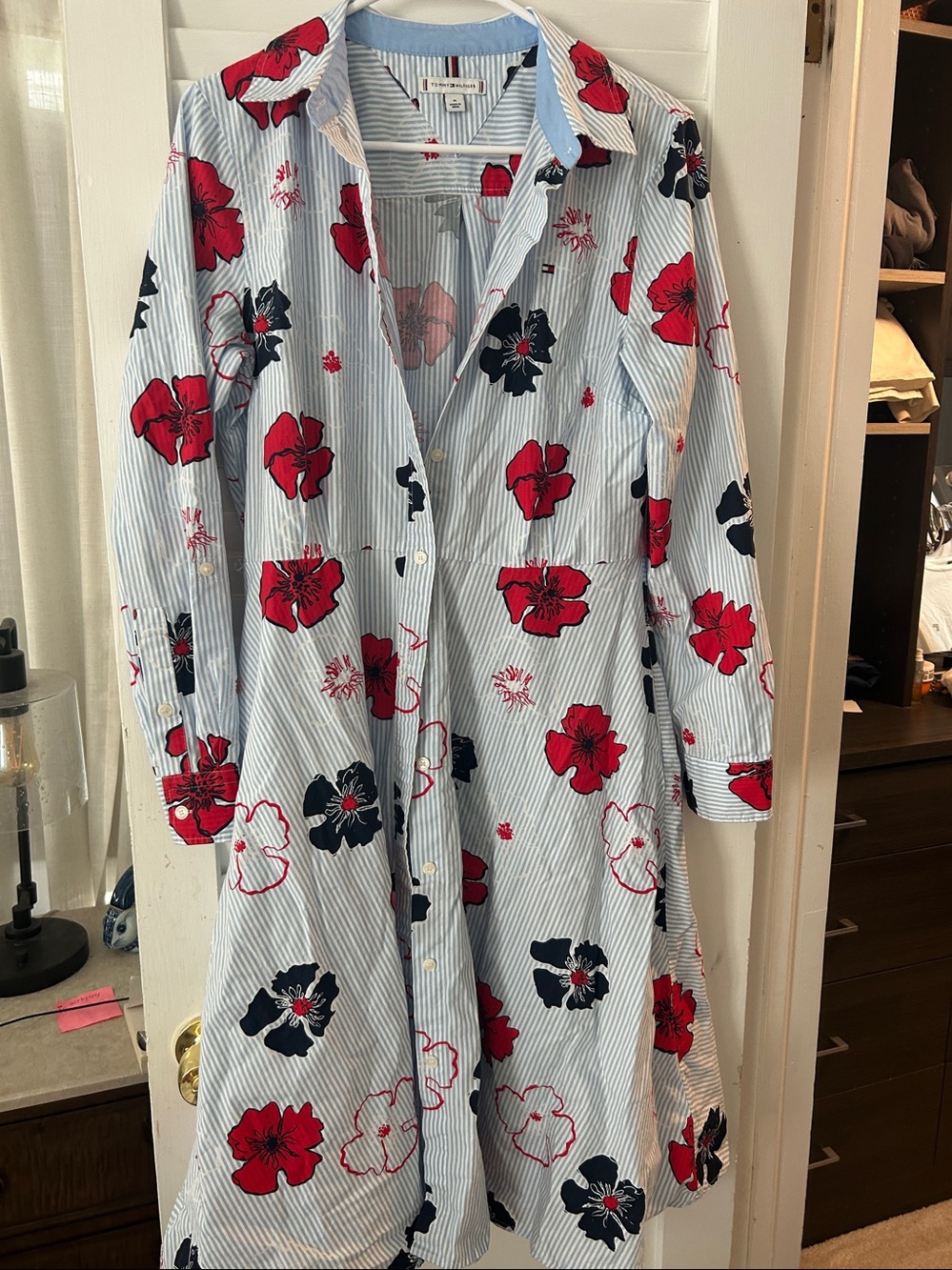 Button-Front Striped Shirt Dress with Red Floral Print no belt 
Tommy Hilfiger